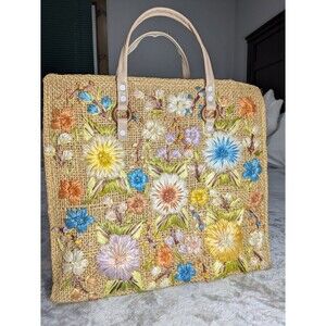 Vintage 1960's Cabana Floral Raffia Woven Straw Handbag
